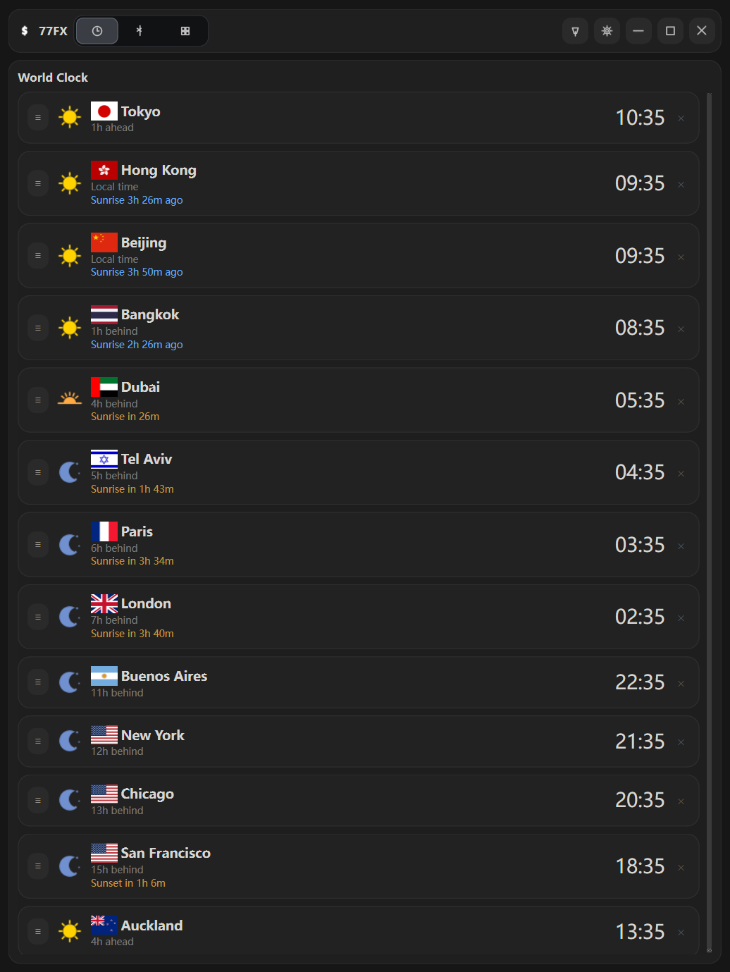 77FX world clock showing time offsets plus sunrise and sunset countdown details